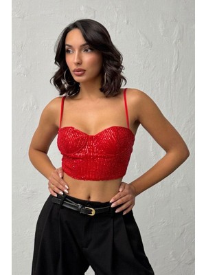 Ckm Moda Seduction Payetli Büstiyer Kırmızı