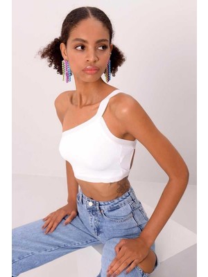 Ckm Moda Roy Yüksek Kalite Kadın Tek Omuzlu Arkadan Askılı Crop Top Beyaz