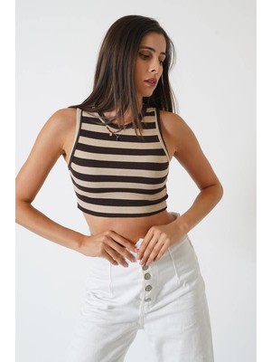 Ckm Moda Adrian Yüksek Kalite Kadın Yuvarlak Yaka Çizgili Crop Bluz  Kahve