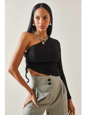 Ckm Moda Berlin Yüksek Kalite Kadın Siyah Tek Omuz Yanı Büzgülü Kaşkorse Bluz Siyah