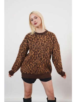 Ckm Moda Grace Yüksek Kalite Kadın Leopar Desenli Sakallı Triko Kazak  Leopar
