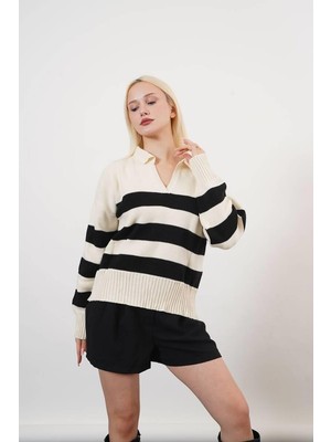 Ckm Moda Justo Yüksek Kalite Kadın Çizgili Kazak Bej