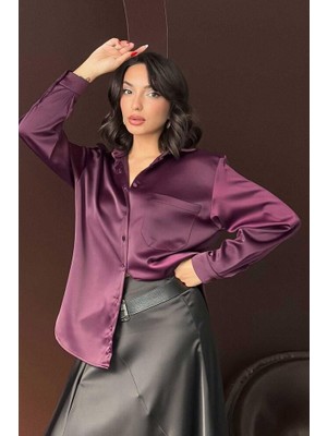 Ckm Moda Noir Silk Saten Gömlek Mürdüm