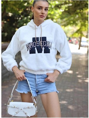 Ckm Moda Yüksek Kalite Kadın Kapüşonlu Baskılı  Sweatshirt Beyaz