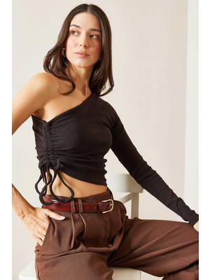 Ckm Moda Berlin Yüksek Kalite Kadın Siyah Tek Omuz Yanı Büzgülü Kaşkorse Bluz Kahve