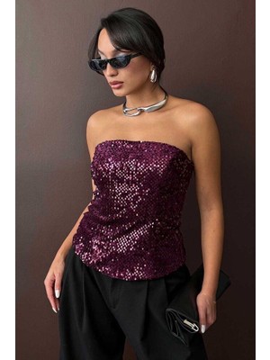 Ckm Moda Rubina Payetli Straplez Bluz Mürdüm