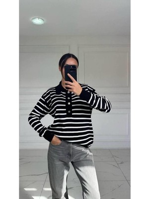 Ckm Moda Dina Yüksek Kalite Kadın Polo Yaka Çizgili Kazak  Siyah