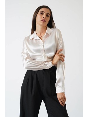 Ckm Moda Tesra Yüksek Kalite Kadın Saten Gömlek Bej