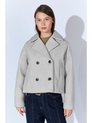 CGA Kadın Mont Kadın Spor Gri Mont Dört Düğmeli Diyagonal Kısa Kaşe Kruvaze Mont - Gri