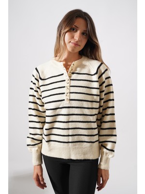 Ckm Moda Cliff Yüksek Kalite Kadın Düğmeli Çizgili Kazak Siyah - Beyaz