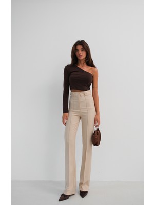 Ckm Moda Sage Yüksek Kalite Kadın Asimetrik Tek Omuz Crop Top  Kahve