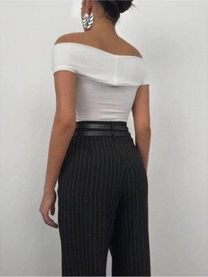 Ckm Moda Sparrow Yüksek Kalite Kadın Çapraz Kayık Yaka Bodysuit Ekru