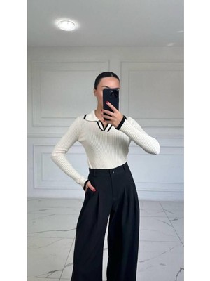 Ckm Moda Hans Yüksek Kalite Kadın Polo Yaka Kazak  Beyaz