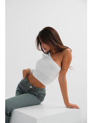 Ckm Moda Sage Yüksek Kalite Kadın Asimetrik Tek Omuz Crop Top  Beyaz