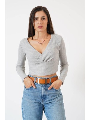 Ckm Moda Zeta Kadın Uzun Kollu Kruvaze Yaka Şardonlu Kaşkorse Bluz  Gri