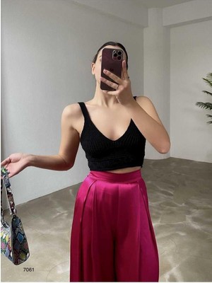 Ckm Moda Case Yüksek Örgü Dantelli Kadın Bluz Siyah