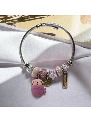 Çılgıntrend Pembe Charm Detaylı Kadın Bileklik – Sevimli Figürlü Çelik Charm Bileklik
