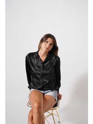 Ckm Moda Tesra Yüksek Kalite Kadın Saten Gömlek Siyah