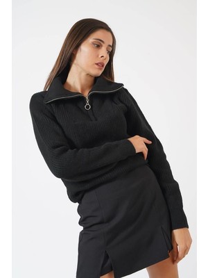 Ckm Moda Laire Yüksek Kalite Fermuarlı Kazak  Siyah