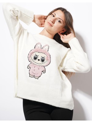 Ckm Moda Bunny Labubu Detaylı Triko Kazak Beyaz