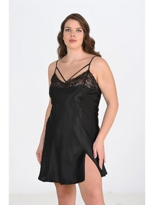 Marsilyan Premium Büyük Beden Saten Dantel Işlemeli Siyah Gecelik Bigsize