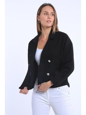 Ckm Moda Yüksek Kalite Kadın Kruvaze Yaka Crop Ceket  Siyah