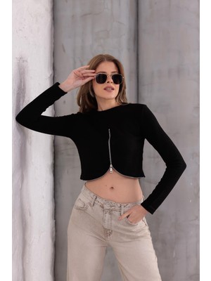 Ckm Moda Mira Selanik Oval Fermuar Bluz Siyah