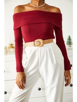 Ckm Moda Eldon Yüksek Kalite Kadın Madonna Yaka Kaşkorse Kazak Bordo