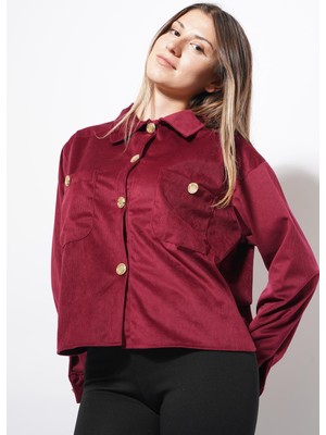 Ckm Moda Trey Altın Düğmeli Kadife Gömlek Bordo