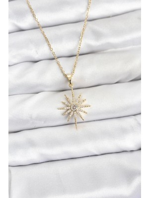 Shoplet Buğz 316L Çelik Zincir Gold Renk Kutup Yıldızı Model Zirkon Taşlı Kadın Kolye