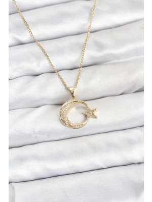 Shoplet Buğz 316L Çelik Zincir Gold Renk Ay Yıldız Model Zirkon Taşlı Kadın Kolye