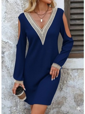 Marsilyan- Kadın Uzun Kollu Omuzdan Açık V Dantel Yakalı Mini Waffle Elbise