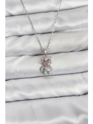 Shoplet Buğz 316L Çelik Zincir Gümüş Renk Teddy Bear Model Zirkon Taşlı Kadın Kolye