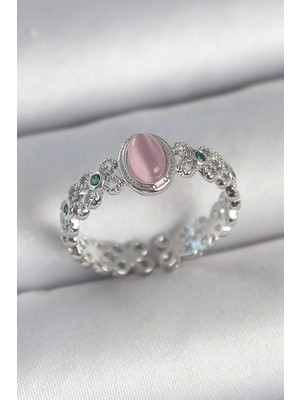 Shoplet Buğz Pirinç Gümüş Renk Zirkon Taş Detaylı Pembe Mineli Damla Model Ayarlanabilir Kadın Yüzük