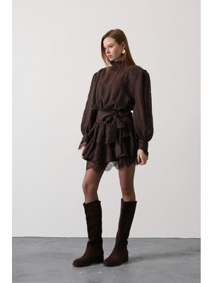 Ckm Moda Aurelia Kuşaklı Dantel Detaylı Kat Kat Mini Elbise Kahve