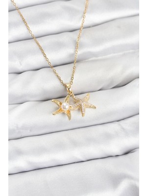Shoplet Buğz 316L Çelik Zincir Gold Renk Deniz Yıldızı Model Zirkon Taşlı Kadın Kolye