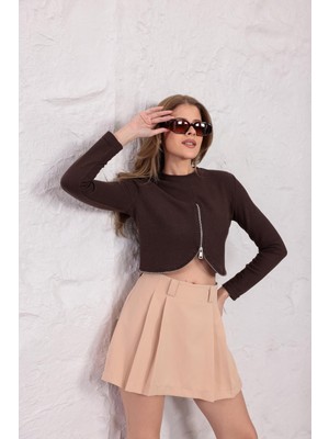 Ckm Moda Mira Selanik Oval Fermuar Bluz Kahve