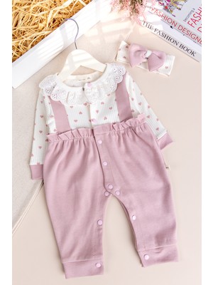Babymod Kalp Desenli Fisto Yakalı Bandanalı Kız Bebek Tulum Set