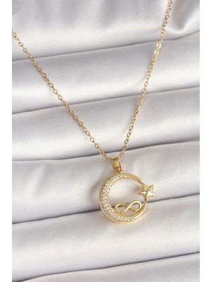 Shoplet Buğz 316L Çelik Gold Renk Zincir Zirkon Taşlı Ay Yıldız Model Sonsuzluk Detay Kadın Kolye