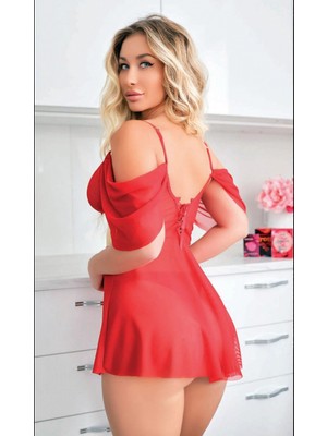 Marsilyan Sarı Kuşak Detaylı Fantezi Kırmızı Gecelik