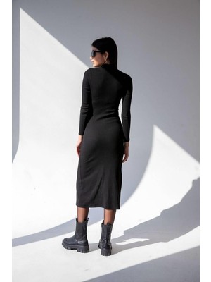 Ckm Moda Emma Yüksek Kalite Kadın Yarım Balıkçı Yaka Yırtmaçlı Uzun Kollu Elbise Siyah