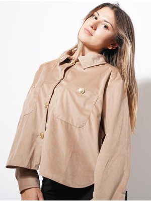 Ckm Moda Trey Altın Düğmeli Kadife Gömlek Taba