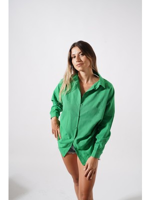 Ckm Moda Besra Yüksek Kalite Oversize Kadın Gömlek Yesıl