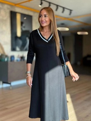 Marsilyan- Kadın Uzun Kollu V Yakalı Midi Çağla Yeşili Modal Elbise