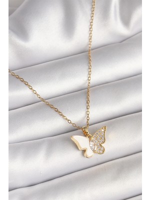 Shoplet Buğz 316L Çelik Gold Renk Zincir Zirkon Taşlı Beyaz Mineli Kelebek Model Kadın Kolye