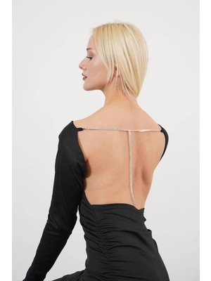 Ckm Moda Bianca Yüksek Kalite Kadın Sırt Dekolteli Zincir Detaylı Mini Elbise  Siyah