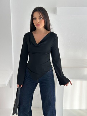 Ckm Moda Drapeli Uzun Kollu Bluz Siyah