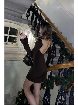 Ckm Moda Aisha Yüksek Kalite Kadın Sırt Dekolteli Mini Elbise  Kahve