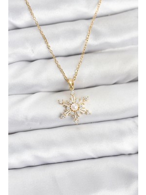 Shoplet Buğz 316L Çelik Zincir Gold Renk Kar Tanesi Model Zirkon Taşlı Kadın Kolye
