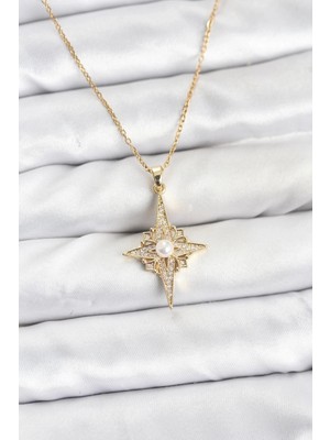 Shoplet Buğz 316L Çelik Zincir Gold Renk Kutup Yıldızı Model Zirkon Taşlı Kadın Kolye